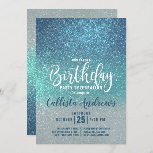 Cerulean Blue Teal Triple Glitter Ombre Birthday Invitation