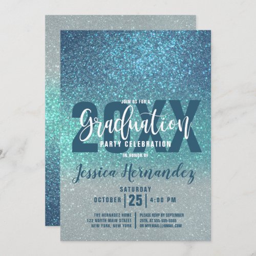 Cerulean Blue Teal Triple Glitter Ombre Graduation Invitation