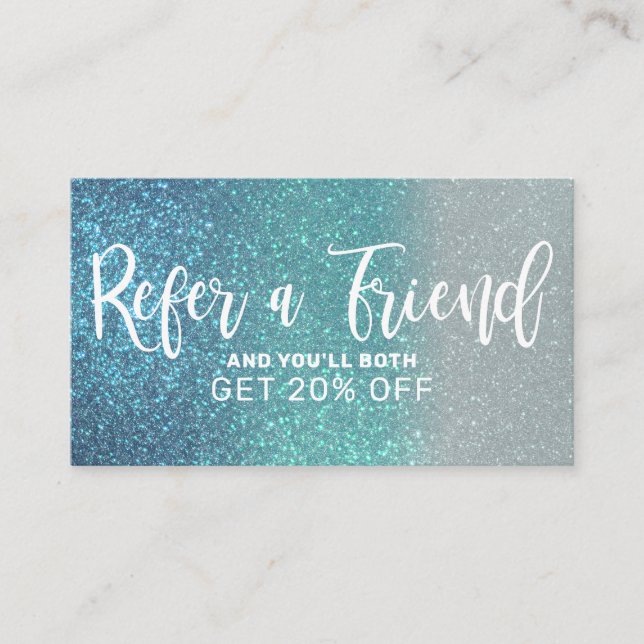 Cerulean Blue Teal Triple Glitter Ombre Typography Referral Card (Front)
