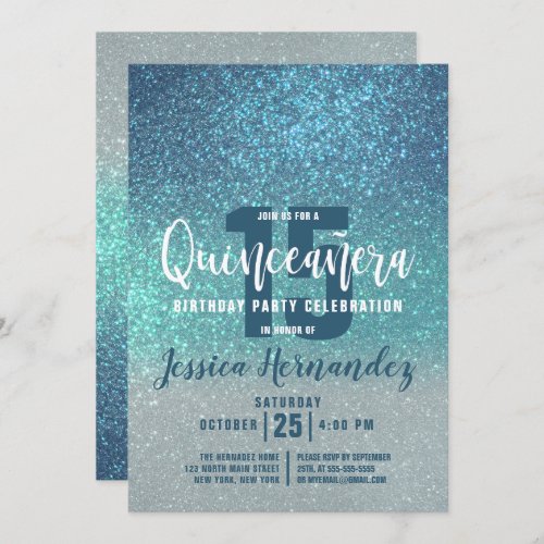 Cerulean Blue Teal Triple Glitter Quinceaera Invitation