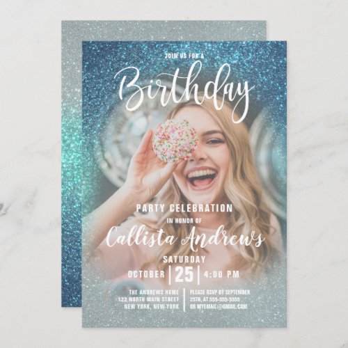 Cerulean Blue Triple Glitter Ombre Photo Birthday Invitation