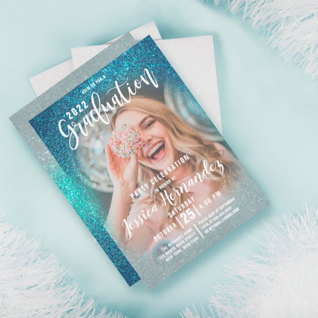 Cerulean Blue Triple Glitter Photo Graduation Invitation (Creator Uploaded)