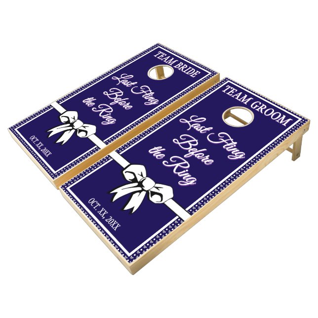 Cerulean Blue Wedding Personalize Polka Dots Bow Cornhole Set (Angled)