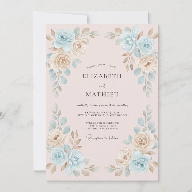 Cerulean Gold Peony Wedding Invitation (Front)