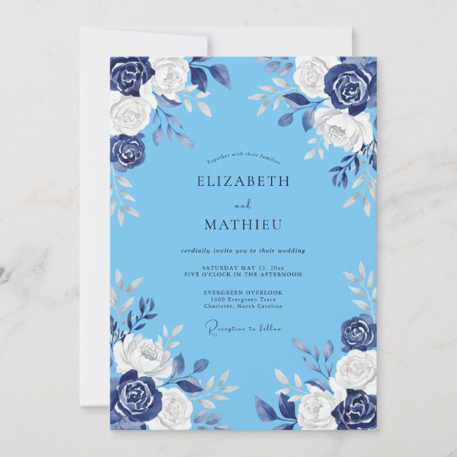 Cerulean Painted Petal Wedding Invitation (Front)