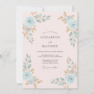 Cerulean Peach Foliage Eucalyptus Wedding Invitation
