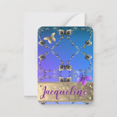 Cerulean Silvery Roses wName Flat Note Card