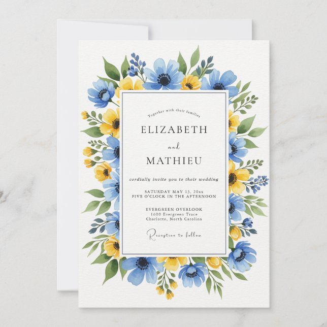 Cerulean Yellow Dazzling Botanical Wedding Invitation (Front)