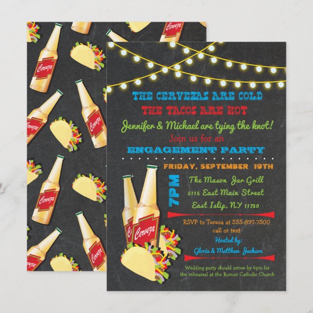 Cervezas and tacos Engagement Party invitations (Front/Back)