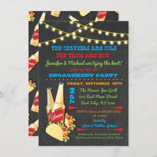 Cervezas and tacos Engagement Party invitations