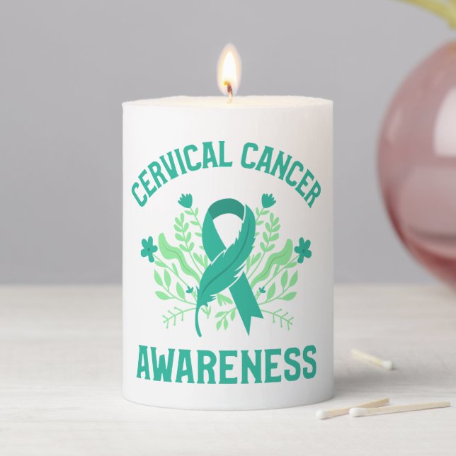 Cervical Cancer Awareness Floral Teal Ribbon Pillar Candle (In Situ)