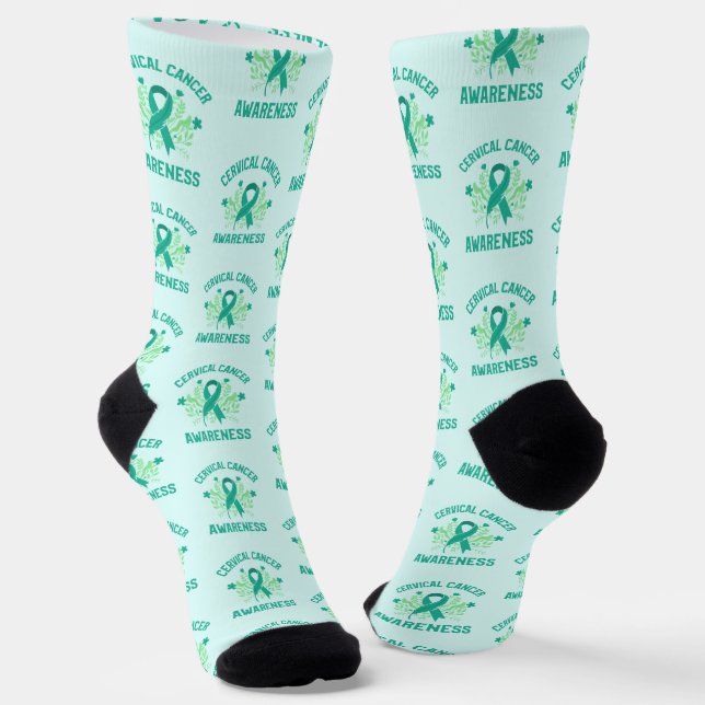 Cervical Cancer Awareness Floral Teal Ribbon Socks (Angled)