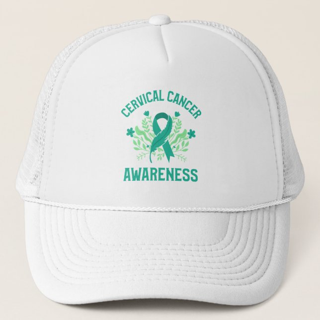Cervical Cancer Awareness Floral Teal Ribbon Trucker Hat (Front)