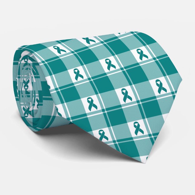 Cervical Cancer Awareness Plaid Teal Ribbon Neck Tie (Rolled)