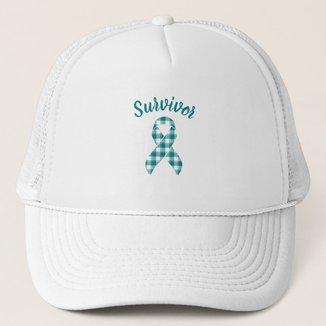 Cervical Cancer Awareness Plaid Teal Survivor Trucker Hat (Front)