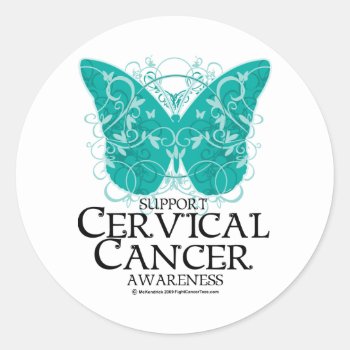 Cervical Cancer Butterfly Classic Round Sticker by fightcancertees at Zazzle