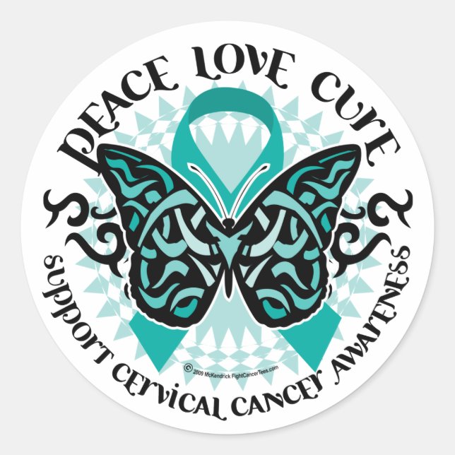Cervical Cancer Butterfly Tribal 2 Classic Round Sticker (Front)