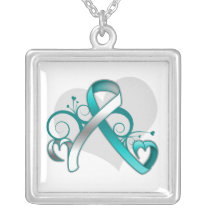 Cervical Cancer Floral Heart Ribbon Silver Plated Necklace