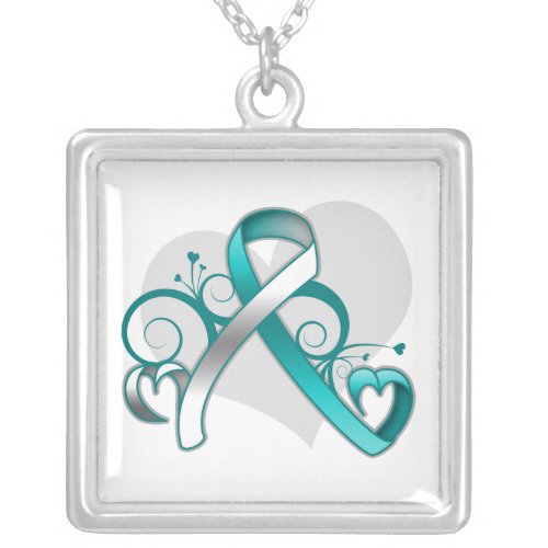Cervical Cancer Floral Heart Ribbon Silver Plated Necklace