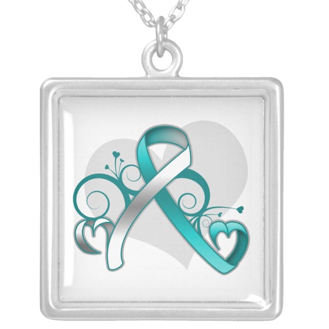 Cervical Cancer Floral Heart Ribbon Silver Plated Necklace (Front)