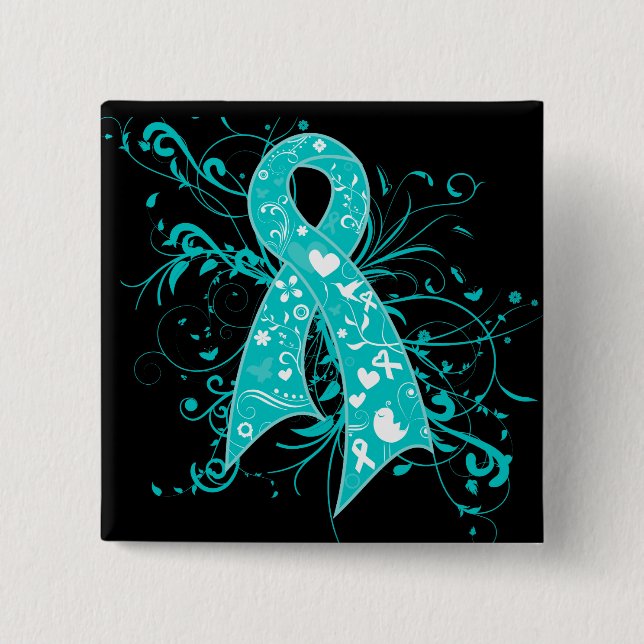 Cervical Cancer Floral Swirls Ribbon Button (Front)