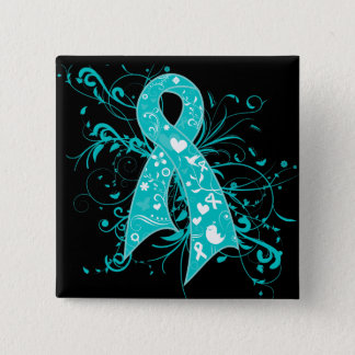Cervical Cancer Floral Swirls Ribbon Button