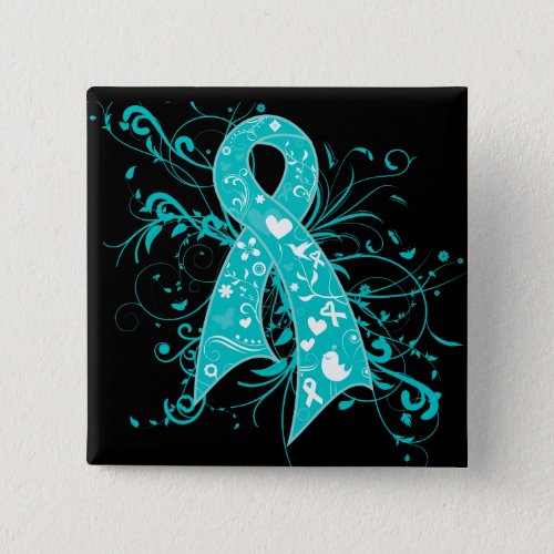 Cervical Cancer Floral Swirls Ribbon Button