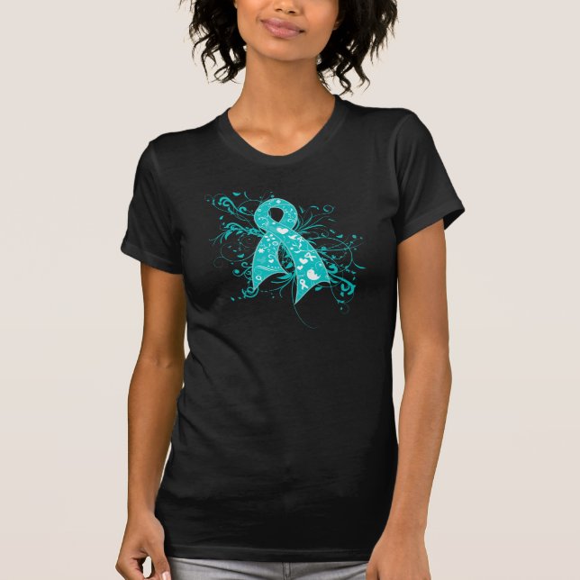 Cervical Cancer Floral Swirls Ribbon T-Shirt (Front)