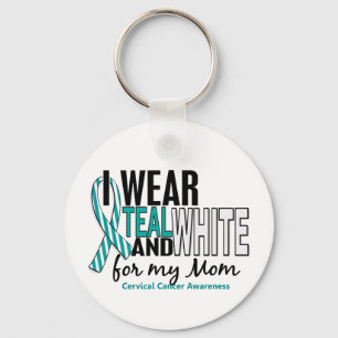 CERVICAL CANCER I Wear Teal & White For My Mom 10 Keychain