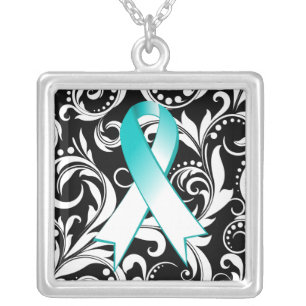 Cervical Cancer Ribbon Deco Floral Noir Silver Plated Necklace