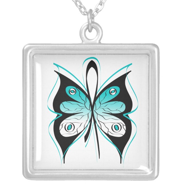 Cervical Cancer Stylish Butterfly Awareness Ribbon Silver Plated Necklace (Front)