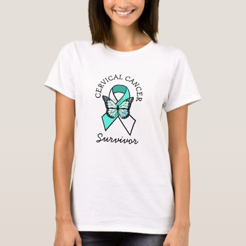 Cervical Cancer Survivor  Awareness Ribbon Teal  T_Shirt