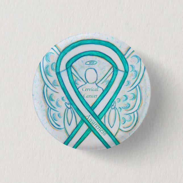Cervical Cancer Teal Awareness Ribbon Angel Button (Front)