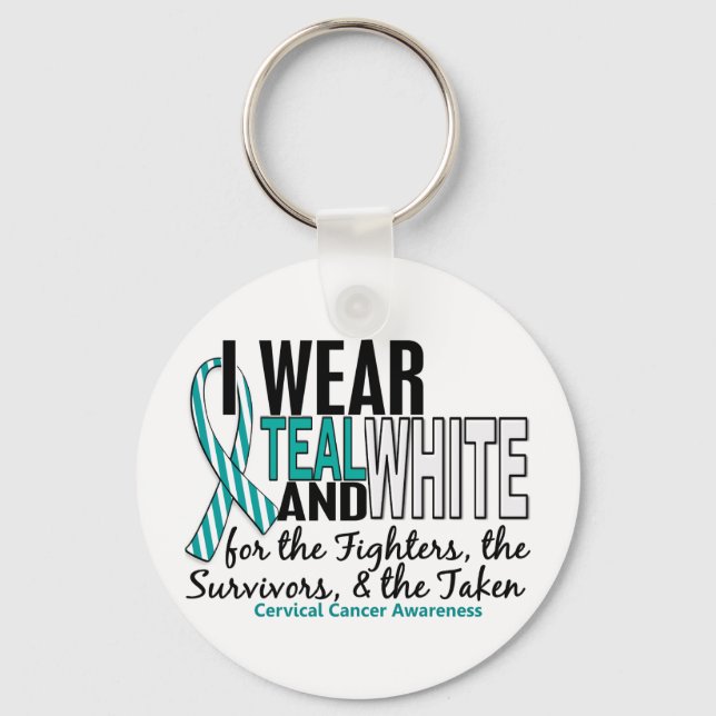 CERVICAL CANCER Teal White For Fighters Survivors Keychain (Front)