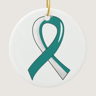 Cervical Cancer Teal White Ribbon 3 Ceramic Ornament