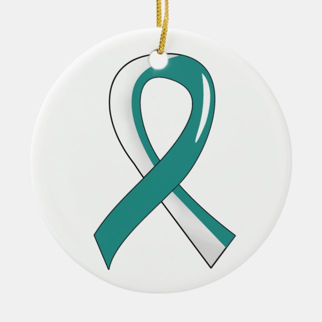 Cervical Cancer Teal White Ribbon 3 Ceramic Ornament (Front)