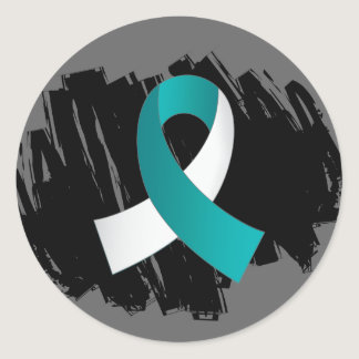 Cervical Cancer Teal White Ribbon With Scribble Classic Round Sticker