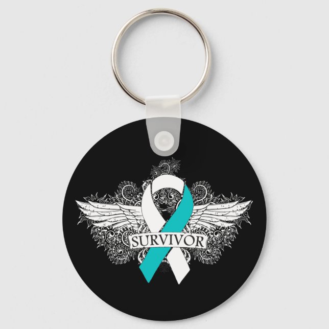 Cervical Cancer Winged SURVIVOR Ribbon Keychain (Front)