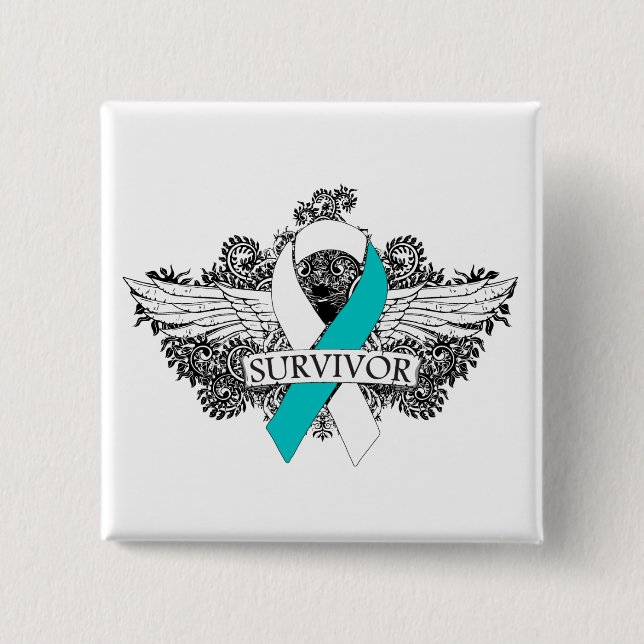 Cervical Cancer Winged SURVIVOR Ribbon Pinback Button (Front)
