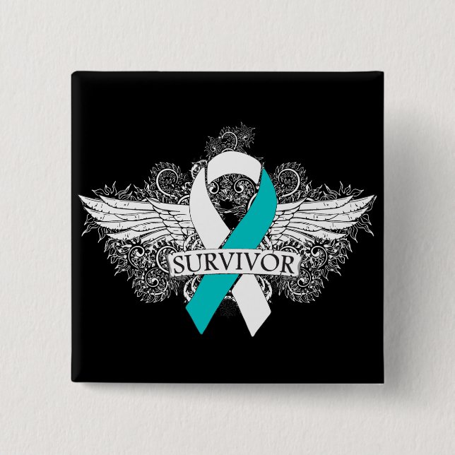Cervical Cancer Winged SURVIVOR Ribbon Pinback Button (Front)