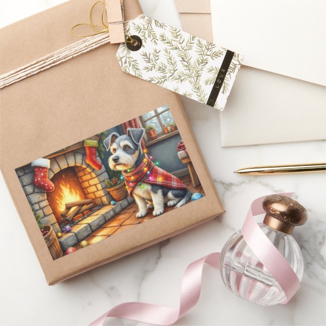 Cesky Terrier Fireplace with Christmas Lights Rectangular Sticker (Gifting)