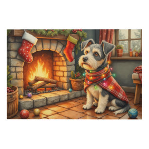 Cesky Terrier Fireplace with Christmas Lights Wood Wall Art