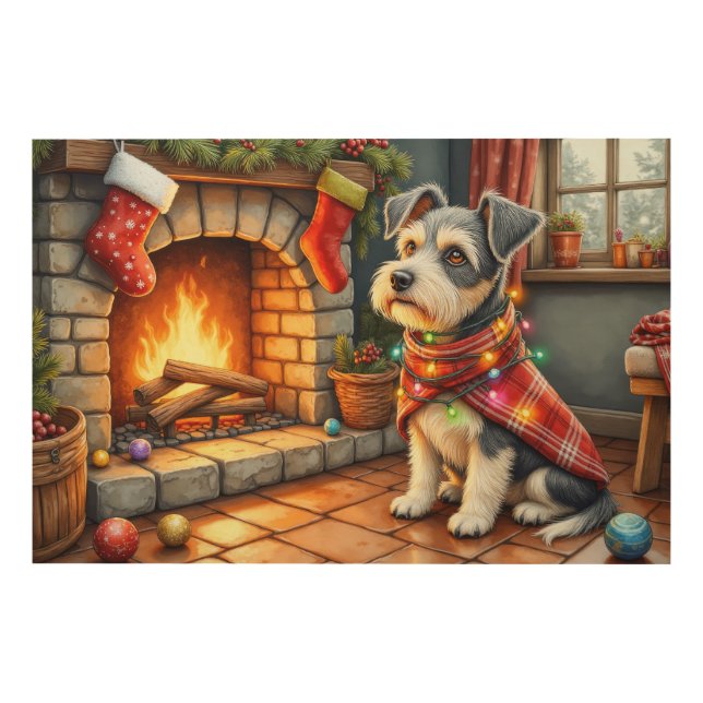 Cesky Terrier Fireplace with Christmas Lights Wood Wall Art (Front)