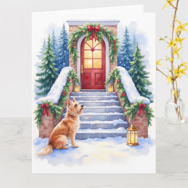 Cesky Terrier Snowy Staircase Christmas Art Card (Yellow Flower)