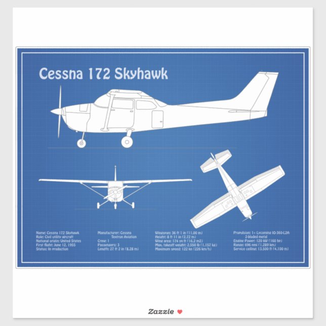 Cessna 172 Skyhawk - Airplane Blueprint Plans  ABD Sticker (Sheet)