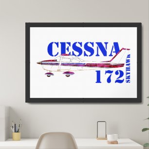 Cessna 172 Skyhawk Illustration Bold Text Design Framed Art
