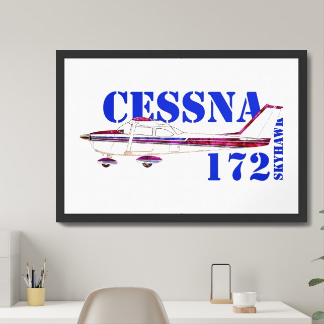 Cessna 172 Skyhawk Illustration Bold Text Design Framed Art (Home Office)