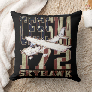 Cessna 172 Skyhawk with Vintage United States Flag Throw Pillow