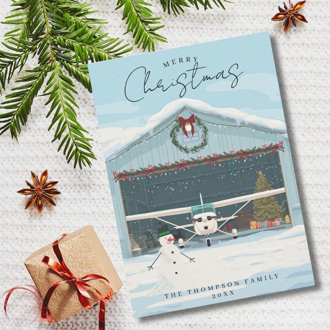 Cessna Airplane Christmas Tree in Hangar & Photo  Holiday Card (Creator Uploaded)