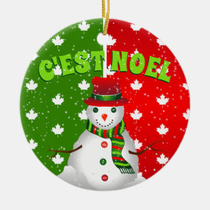 C'EST NOEL Canadian Maple Leaf Snowman Christmas Ceramic Ornament